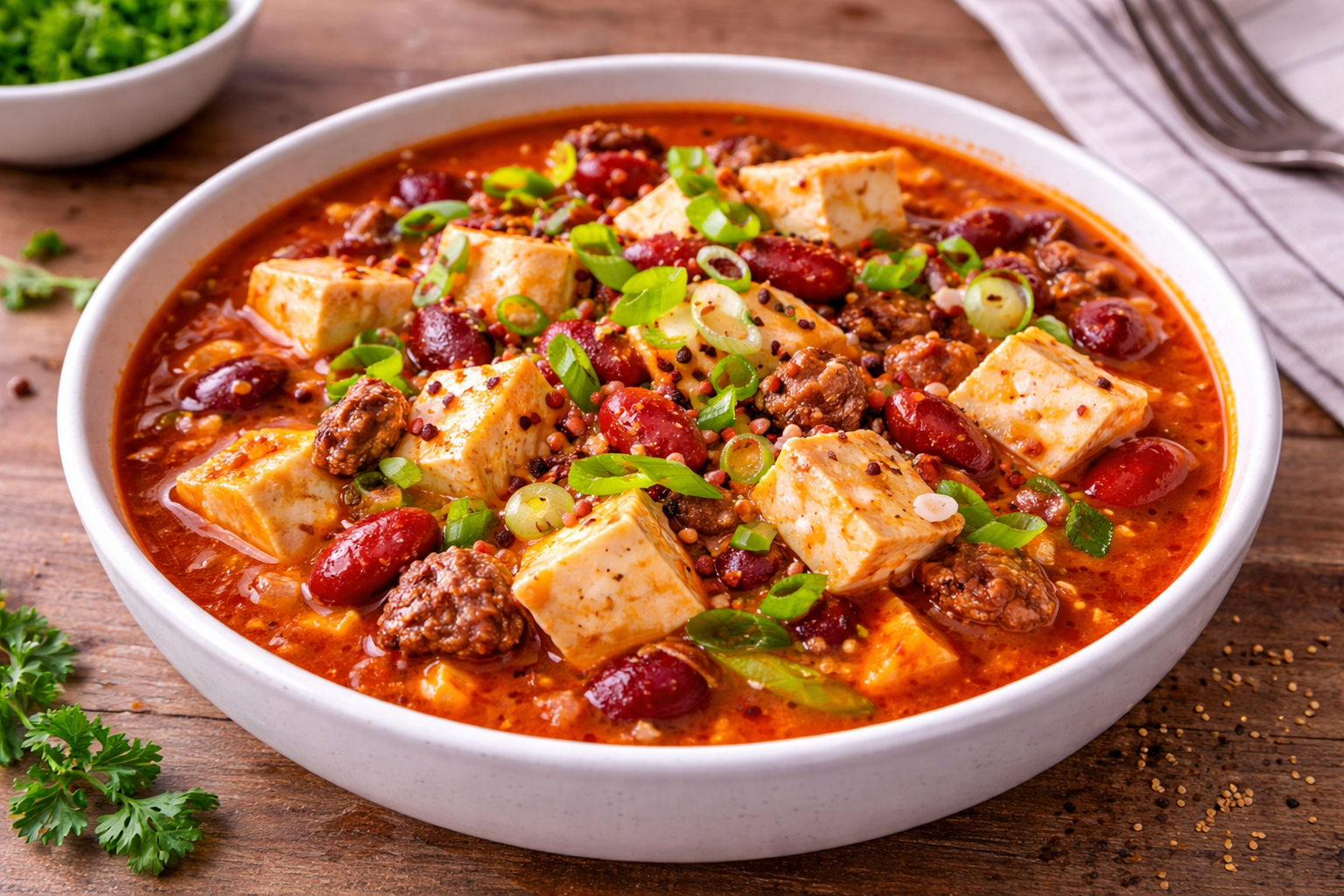 Chili asiatique express bœuf–haricots rouges au tofu soyeux (Cookeo)