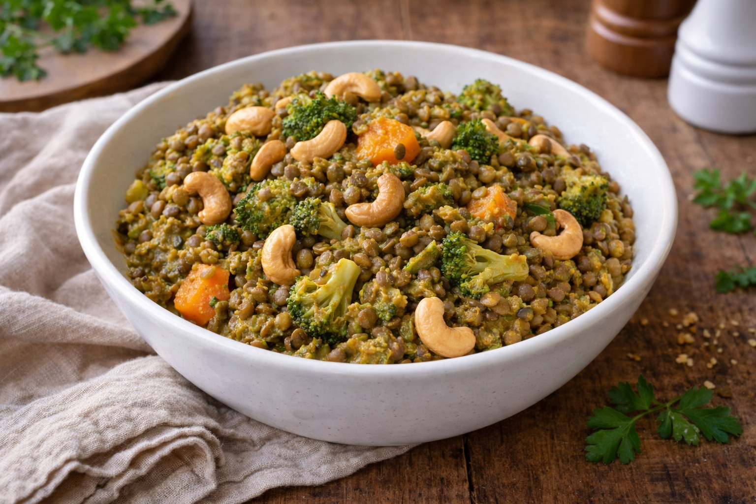 Curry coco de lentilles au Cookeo, brocoli et cajou