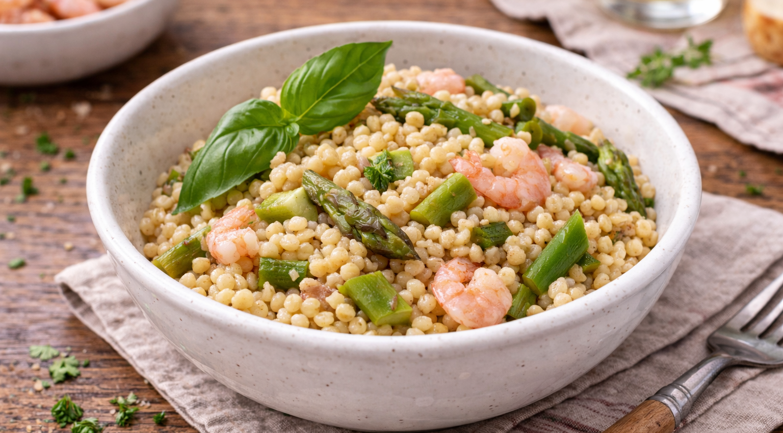Fregola aux asperges et crevettes express au Cookeo