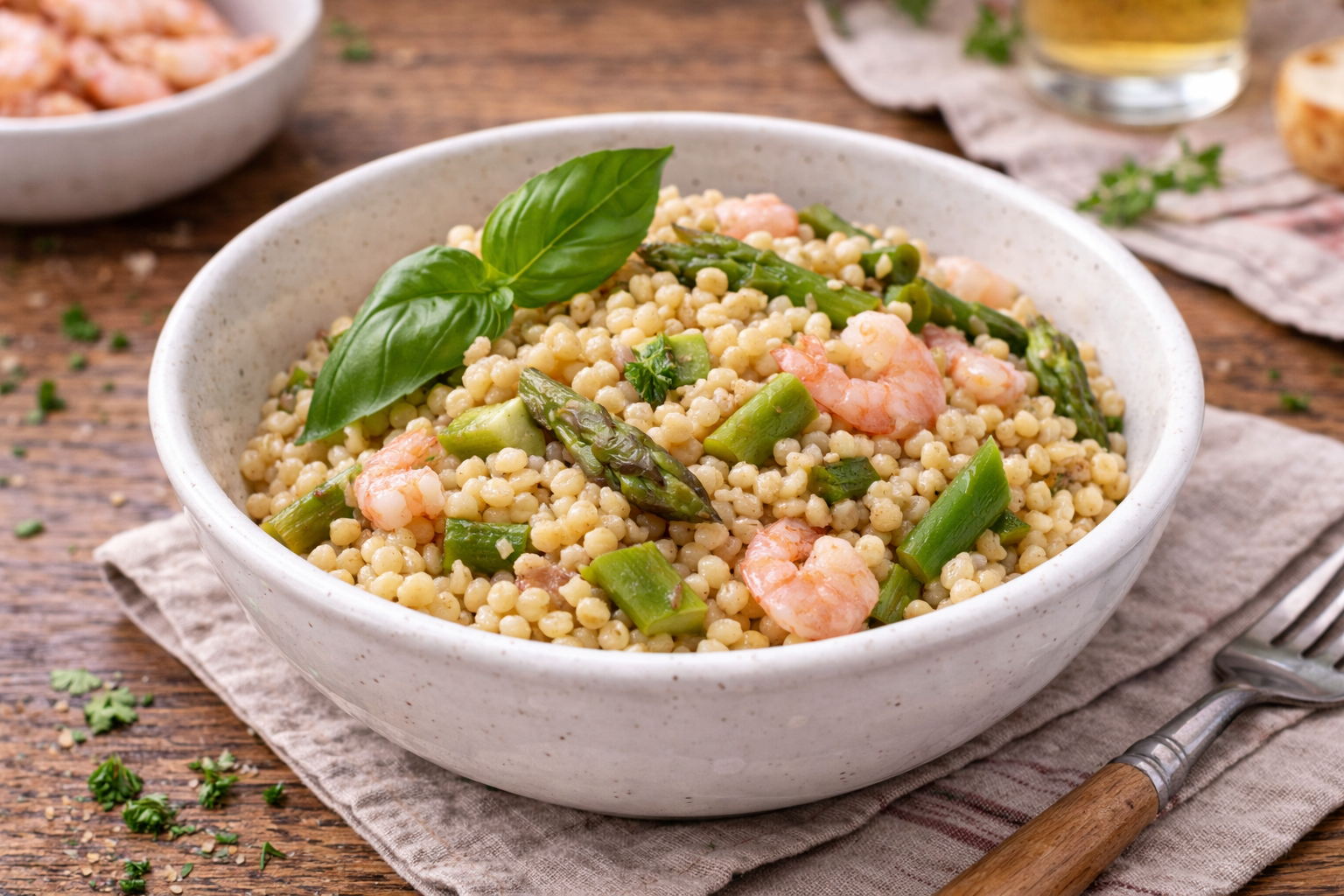 Fregola aux asperges et crevettes express au Cookeo