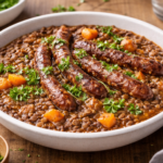 Lentilles mijotées aux merguez et parfum d’ail rôti au robot multi-cuiseur Moulinex