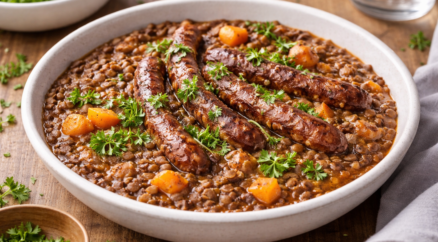 Lentilles mijotées aux merguez et parfum d’ail rôti au Cookeo