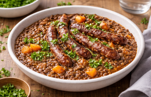 Lentilles mijotées aux merguez et parfum d’ail rôti au Cookeo