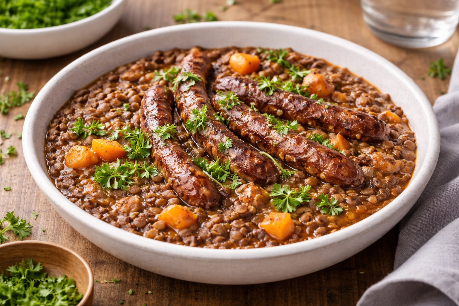 Lentilles mijotées aux merguez et parfum d’ail rôti au Cookeo