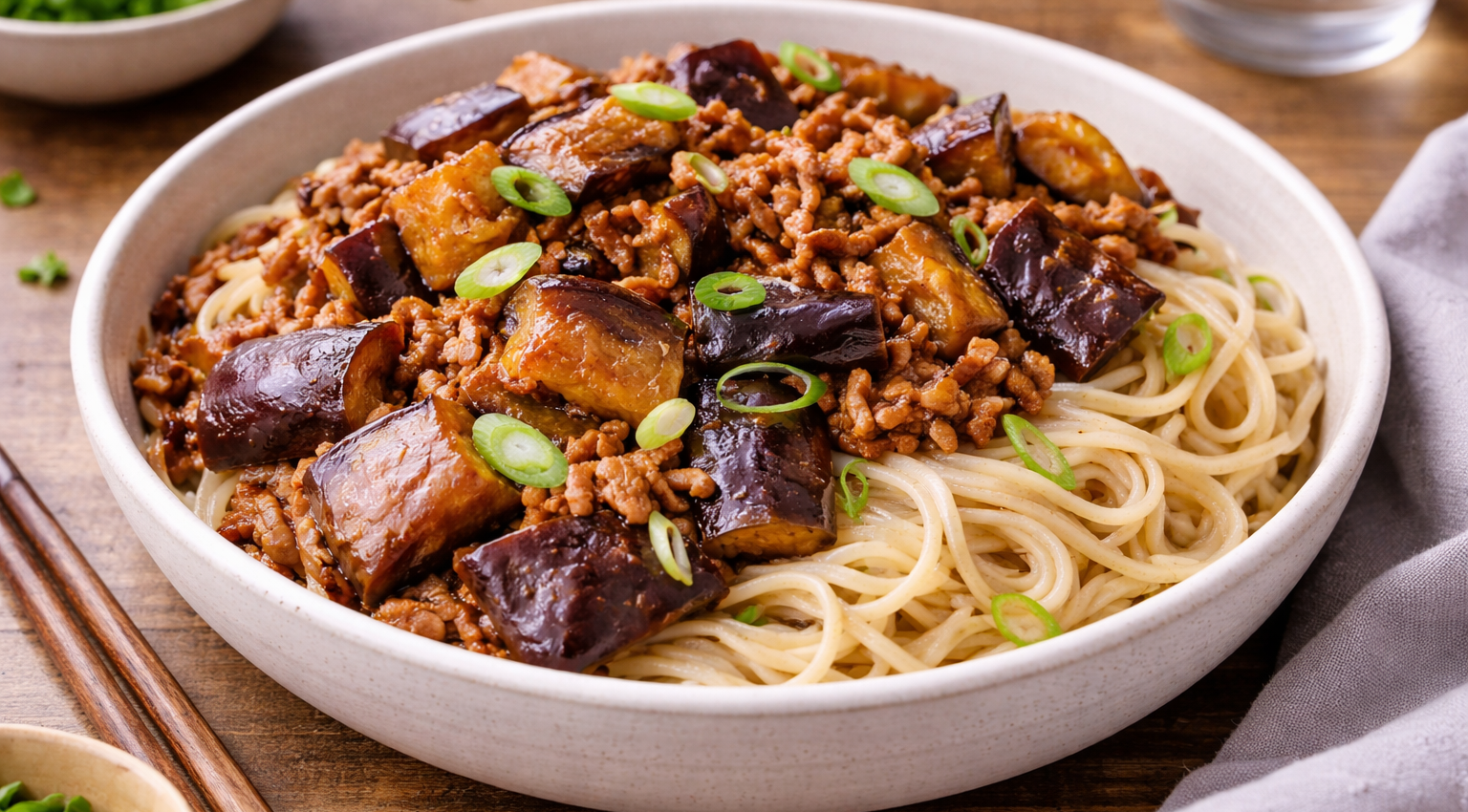 Nouilles sautées au porc et aubergines fondantes, façon Cookeo
