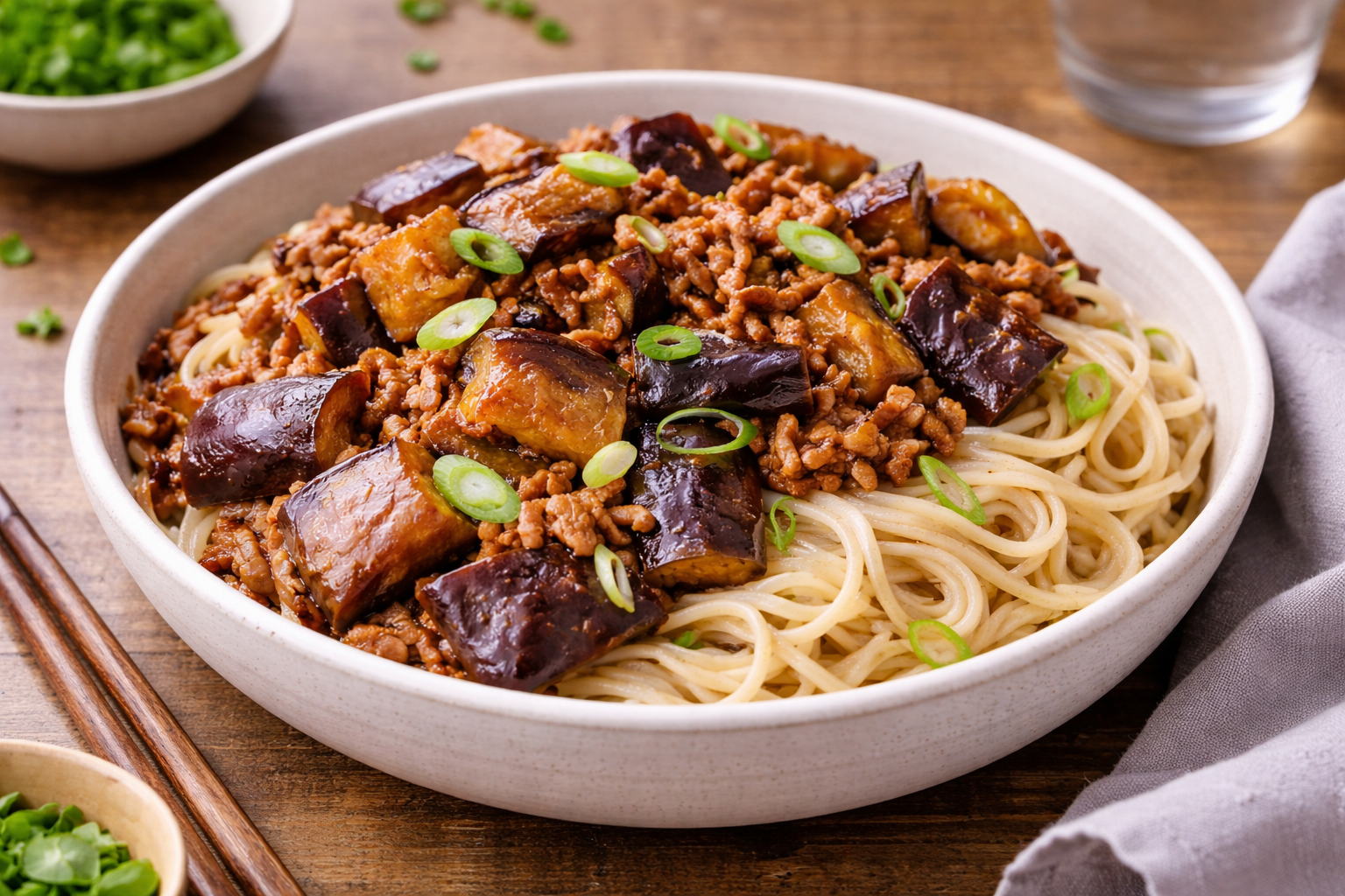 Nouilles sautées au porc et aubergines fondantes, façon Cookeo