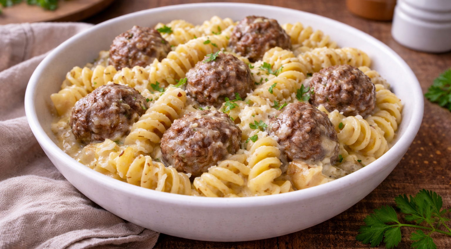 One pot fusilli-boulettes au Cookeo, duo mozzarella et gruyère