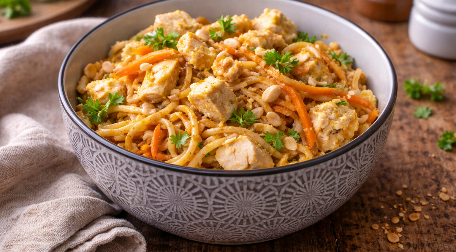 Pad thaï express au Cookeo, poulet, cacahuètes et citron vert