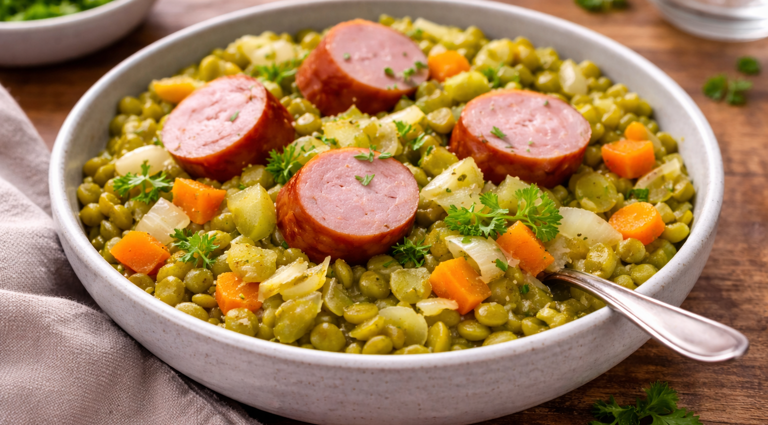 Pois cassés mijotés à la saucisse fumée au Cookeo