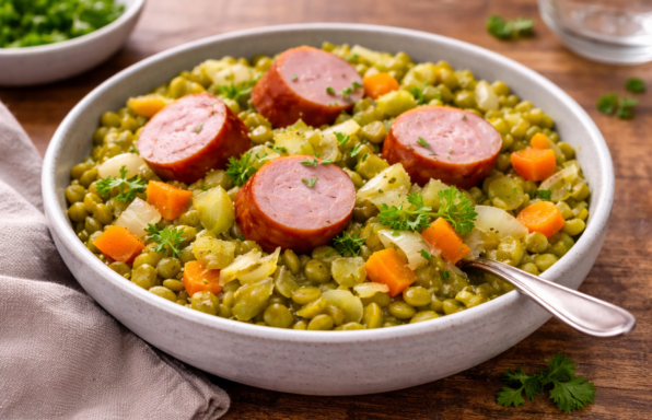 Pois cassés mijotés à la saucisse fumée au Cookeo