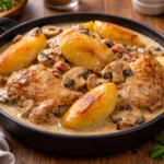 Poulet fondant au cidre, lardons, champignons et pommes dorées au robot multi-cuiseur Moulinex