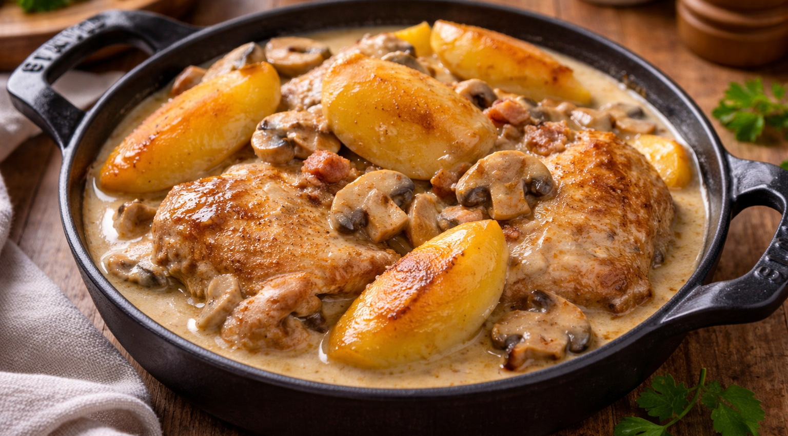 Poulet fondant au cidre au Cookeo, lardons, champignons et pommes dorées
