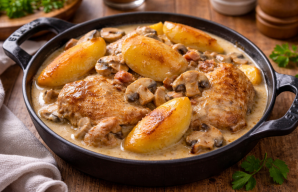 Poulet fondant au cidre au Cookeo, lardons, champignons et pommes dorées