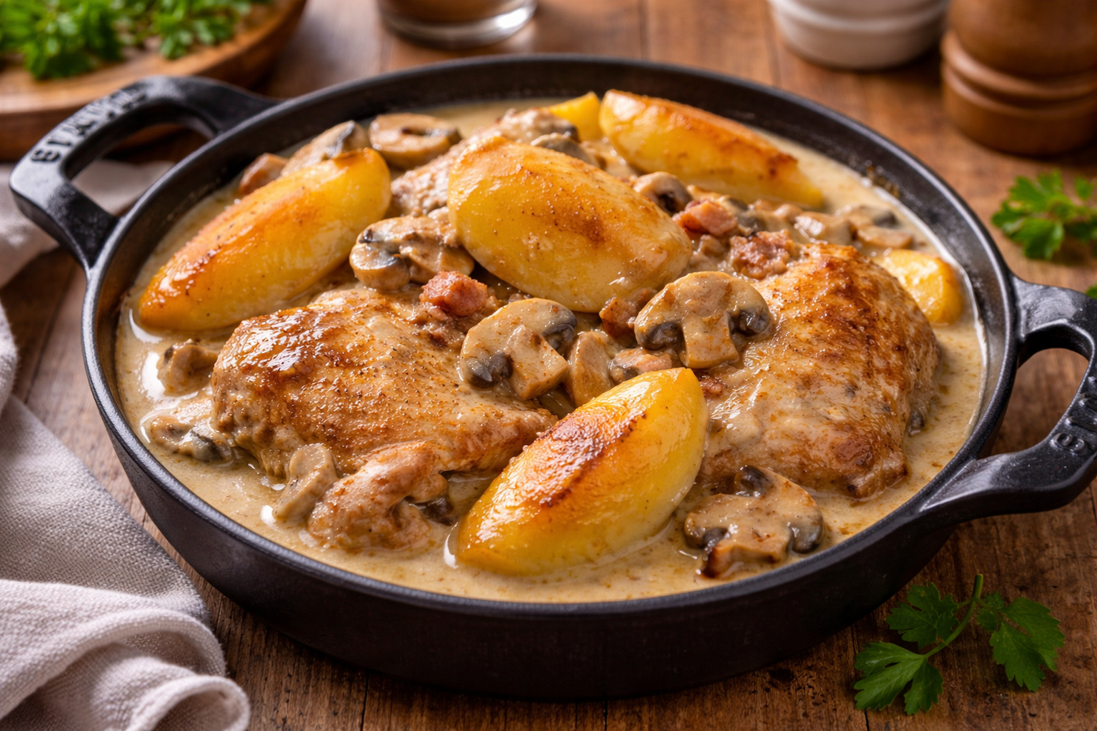 Poulet fondant au cidre au Cookeo, lardons, champignons et pommes dorées
