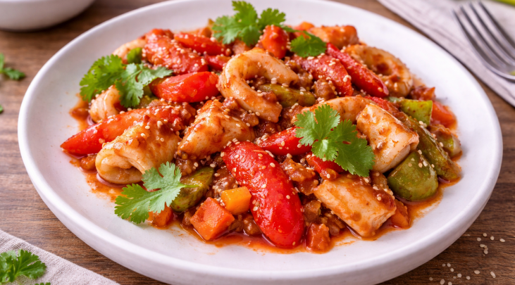 Poêlée de calamars aux poivrons, sauce soja sweet chili (Cookeo)