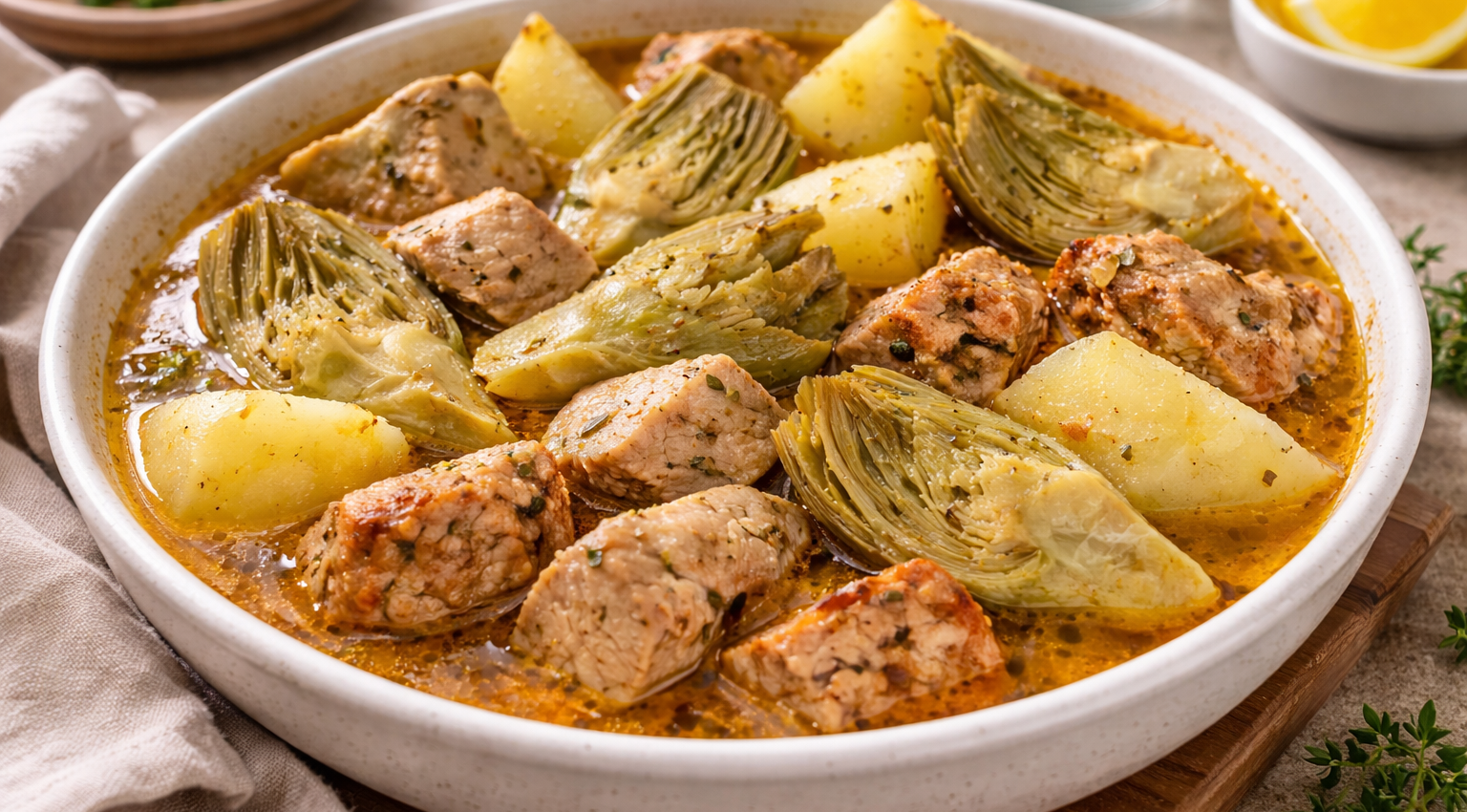 Ragoût d’artichauts et pommes de terre au lomo mariné (Cookeo)