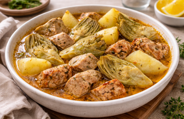 Ragoût d’artichauts et pommes de terre au lomo mariné (Cookeo)