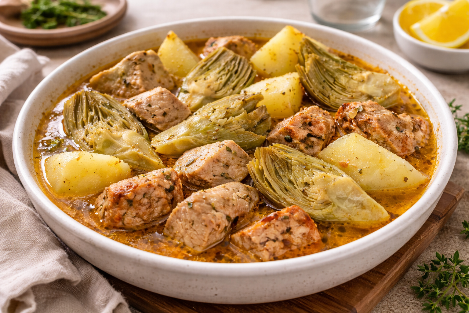 Ragoût d’artichauts et pommes de terre au lomo mariné (Cookeo)