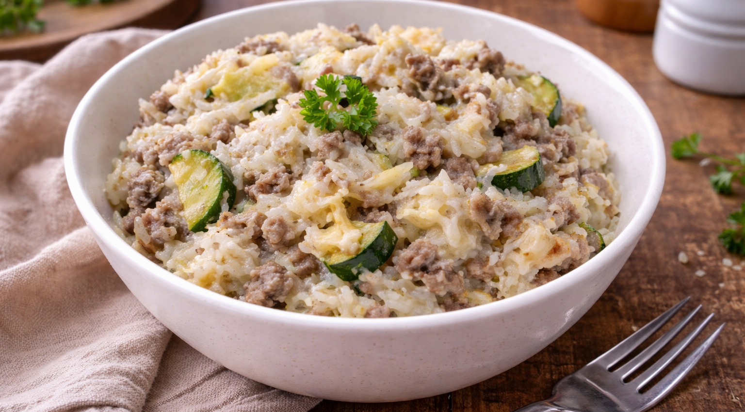 Riz crémeux au Cookeo, courgettes et bœuf haché à la Vache qui rit