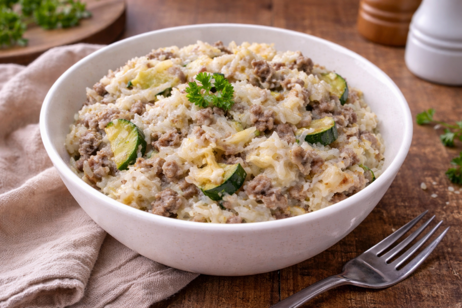 Riz crémeux au Cookeo, courgettes et bœuf haché à la Vache qui rit