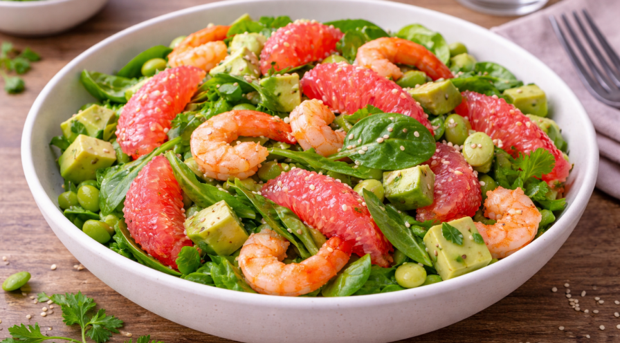 Salade fraîche avocat–pamplemousse et crevettes tiédies au Cookeo