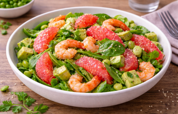 Salade fraîche avocat–pamplemousse et crevettes tiédies au Cookeo