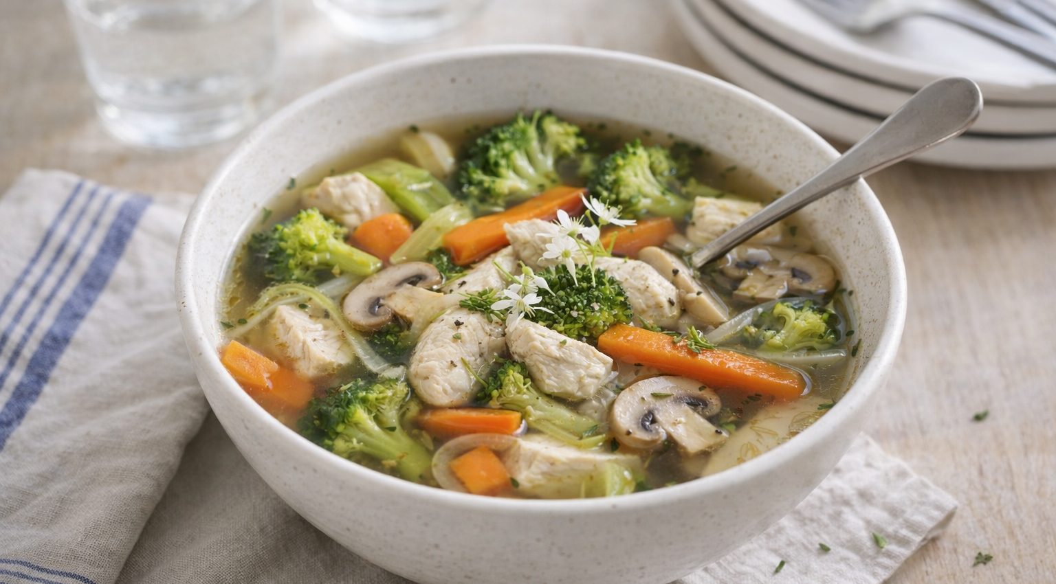 Soupe express poulet, brocoli et champignons au Cookeo