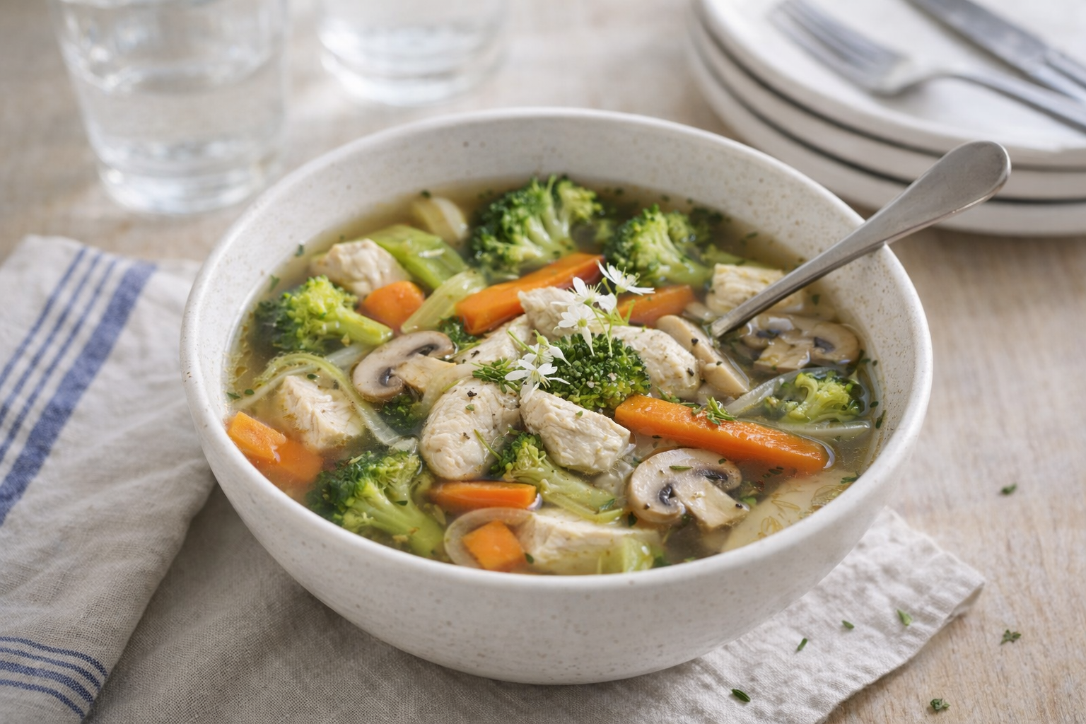 Soupe express poulet, brocoli et champignons au Cookeo
