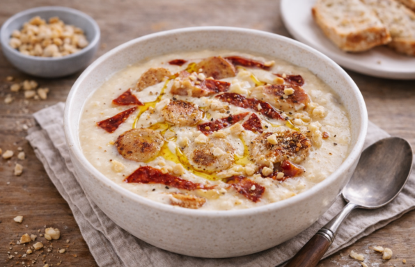 Velouté de chou-fleur au boudin blanc et éclats de chorizo au Cookeo