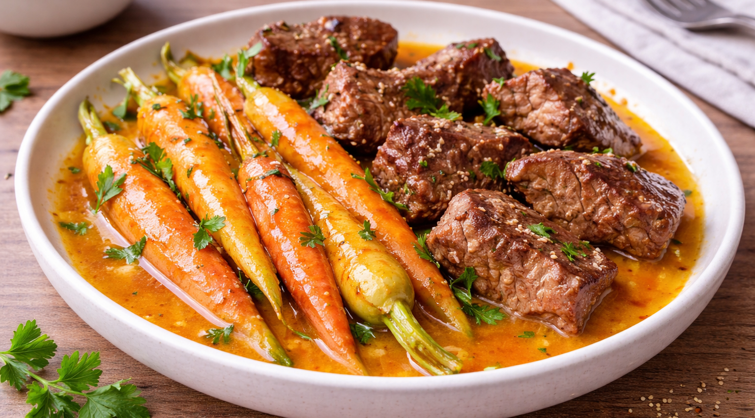 Bœuf fondant aux carottes fanes et jus d’orange (Cookeo)