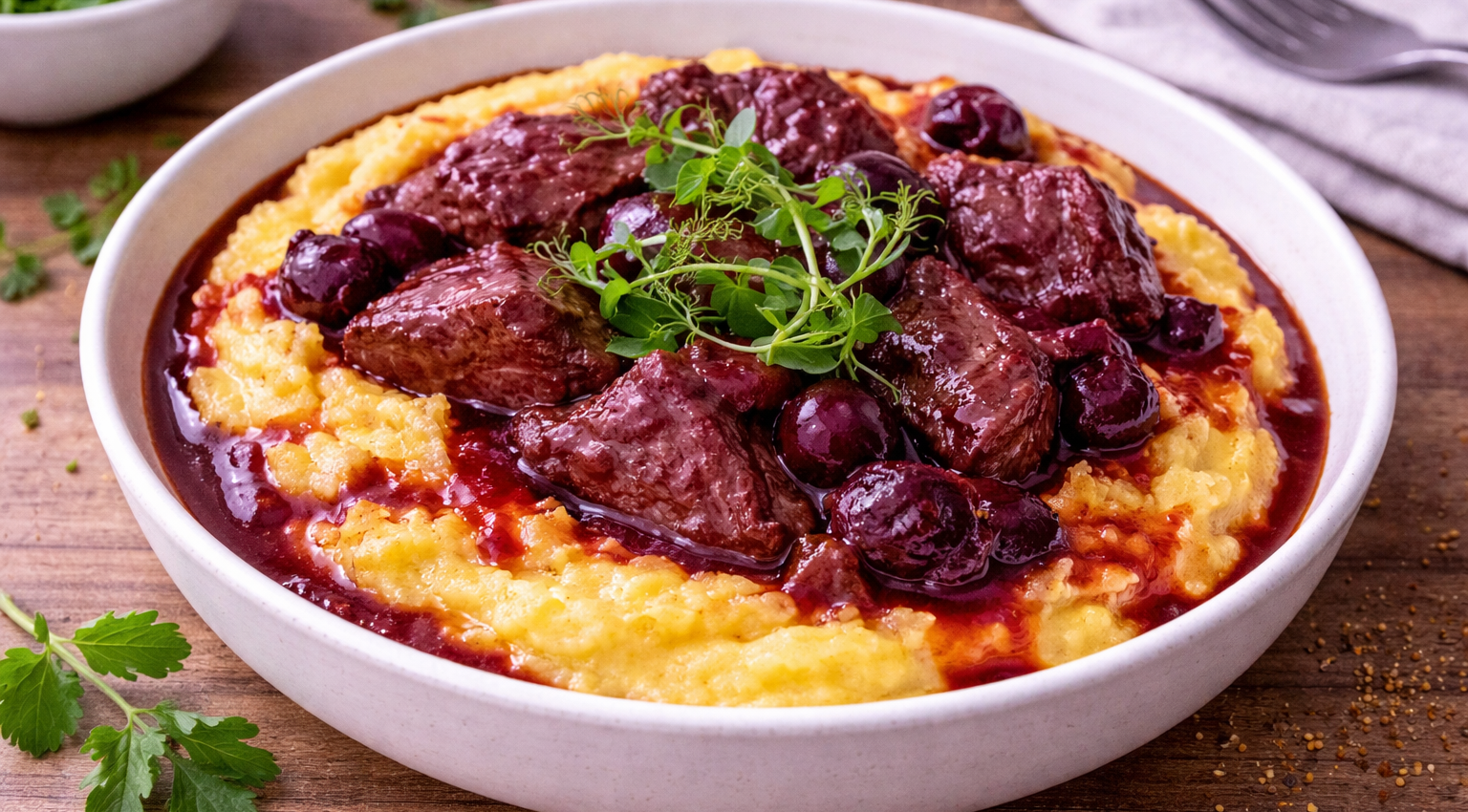 Bœuf mijoté aux cerises noires et polenta crémeuse (Cookeo)