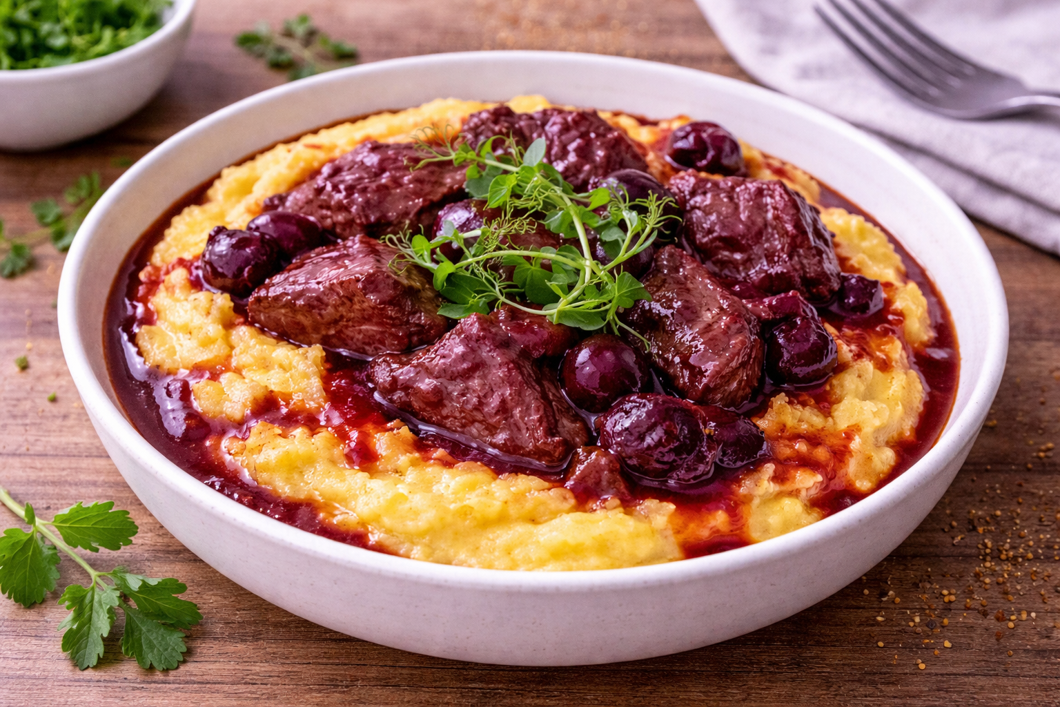 Bœuf mijoté aux cerises noires et polenta crémeuse (Cookeo)