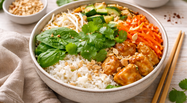 Bowl familial de poulet façon satay, riz basmati et crudités croquantes