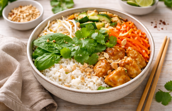Bowl familial de poulet façon satay, riz basmati et crudités croquantes