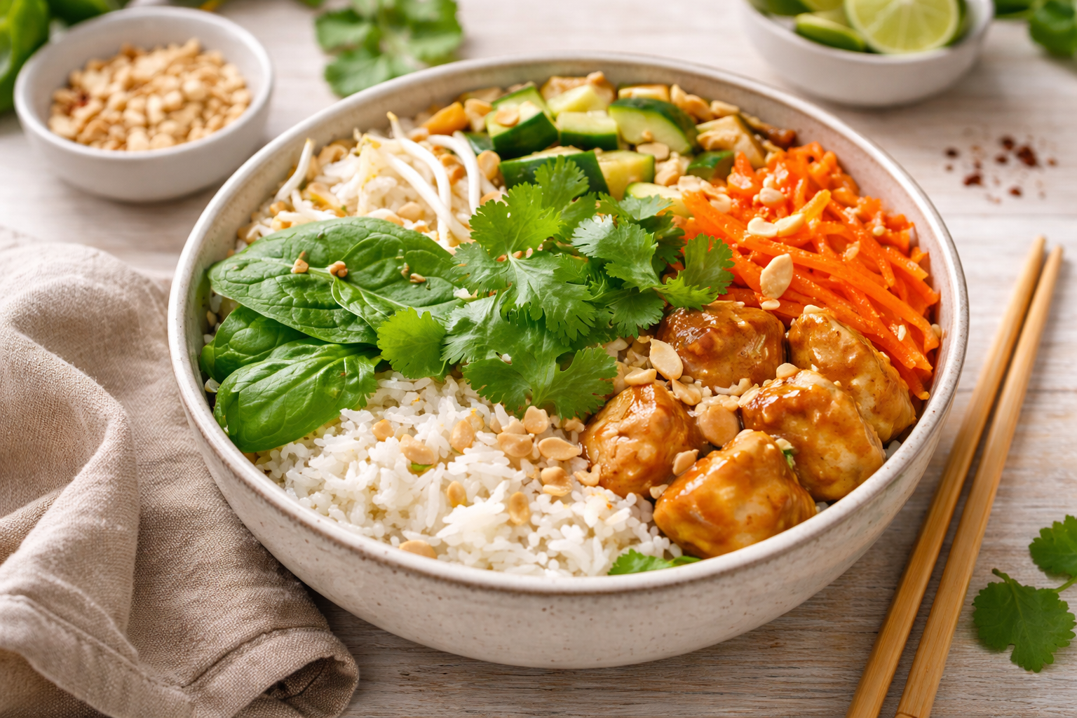 Bowl familial de poulet façon satay, riz basmati et crudités croquantes