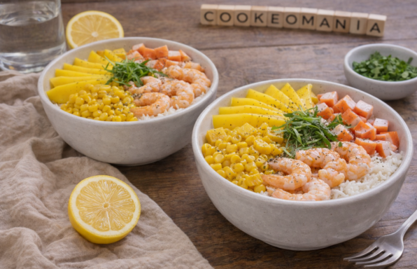 Bowl hawaïen au riz, crevettes et mangue au Cookeo