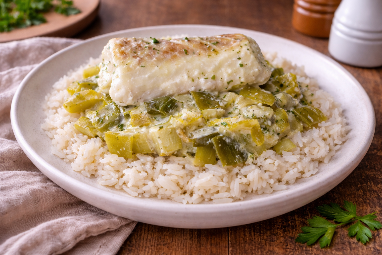 Cabillaud fondant aux poireaux et fromage aux herbes au Cookeo