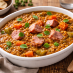 Cari express de saucisses fumées, lentilles vertes et légumes au cookéo