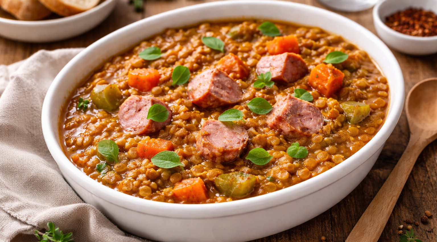 Cari express de saucisses fumées, lentilles vertes et légumes au Cookeo