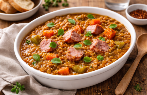 Cari express de saucisses fumées, lentilles vertes et légumes au Cookeo