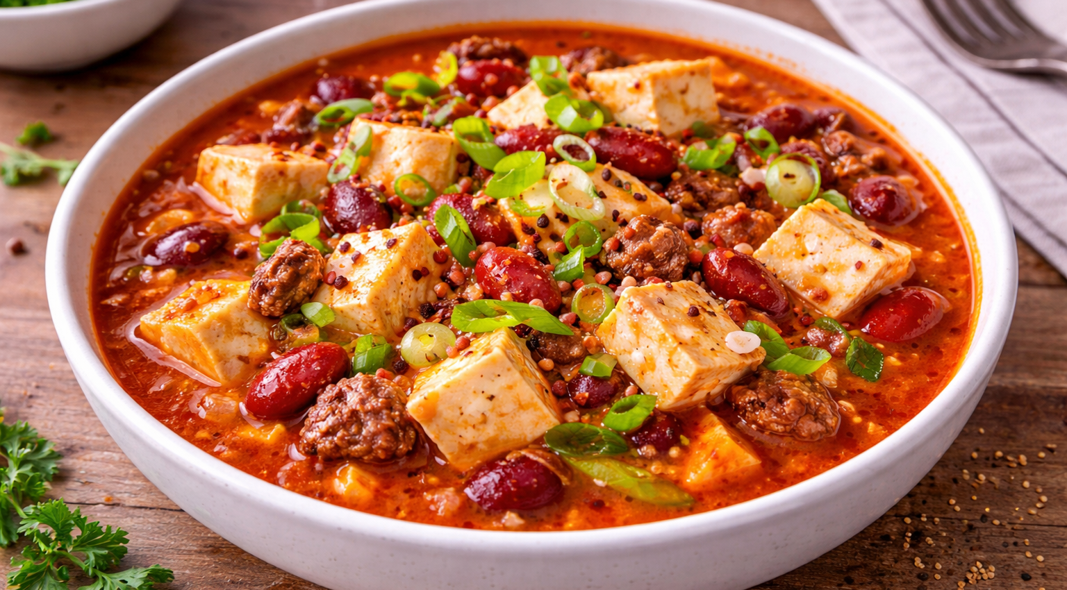 Chili asiatique express bœuf–haricots rouges au tofu soyeux (Cookeo)
