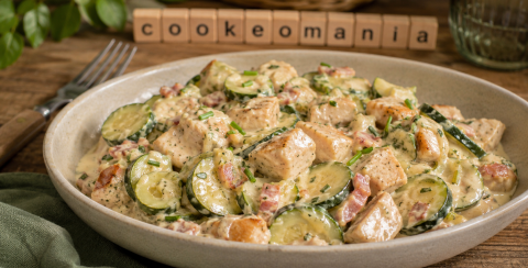 Courgettes, dés de poulet et Boursin au Cookeo : une recette facile, rapide et crémeuse avec lardons, échalote et cuisson sous pression.