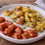 Currywurst maison et pommes de terre fondantes aux herbes au robot multi-cuiseur cookéo