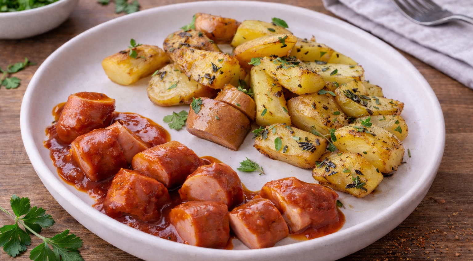 Currywurst maison et pommes de terre fondantes aux herbes (Cookeo)