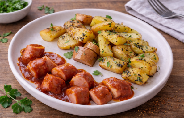 Currywurst maison et pommes de terre fondantes aux herbes (Cookeo)