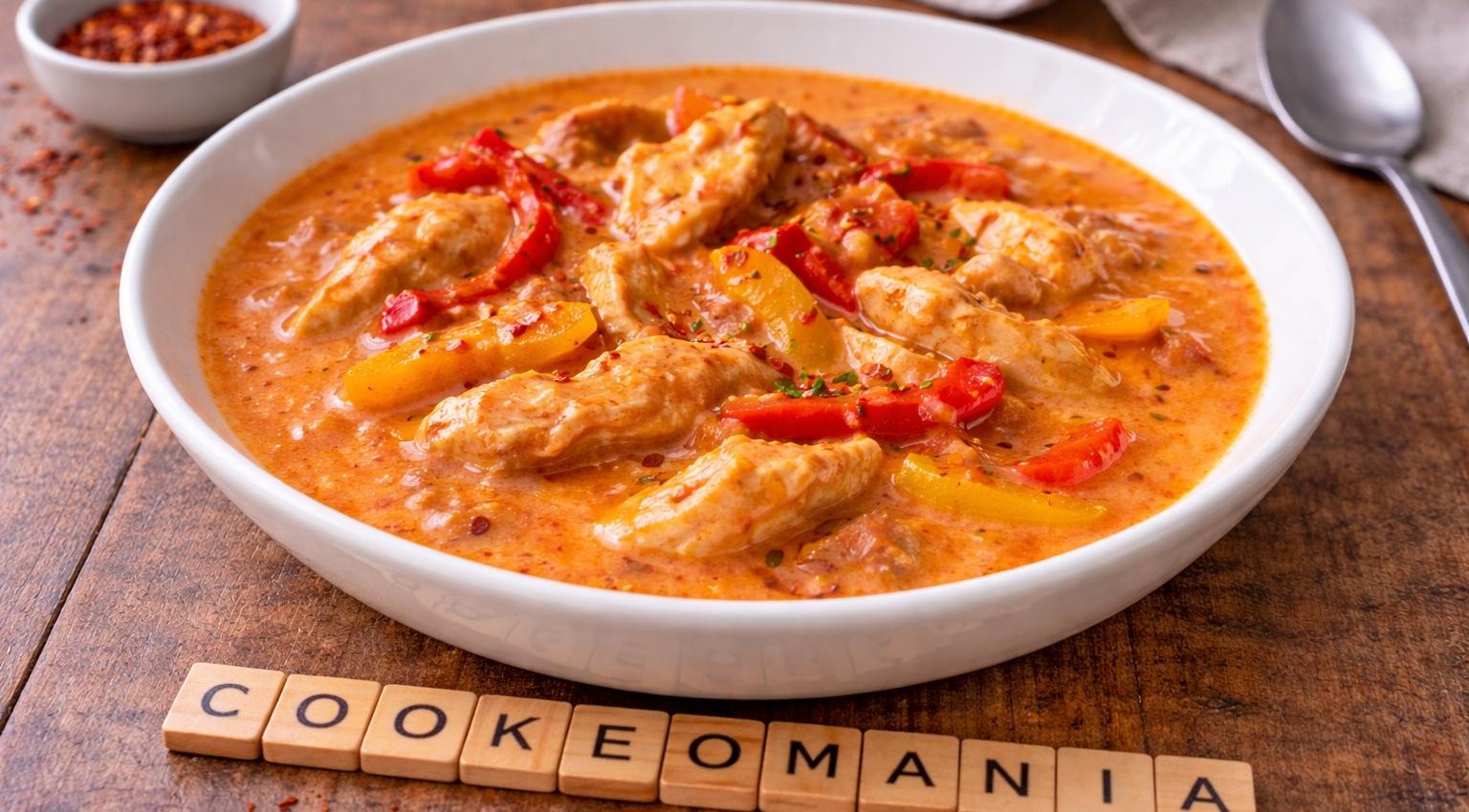 Émincé de poulet aux trois poivrons, sauce relevée au Cookeo