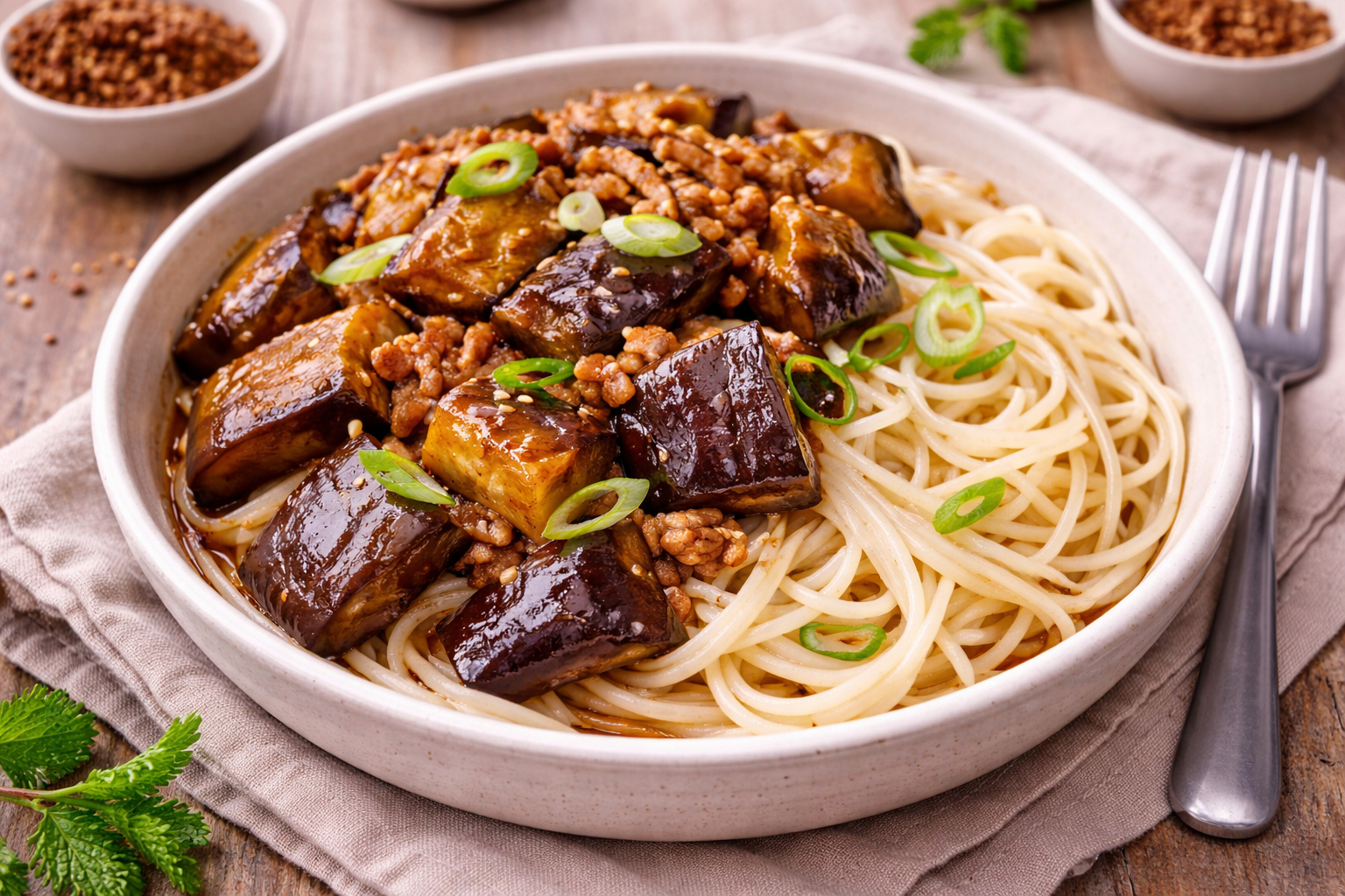 Nouilles japonaises au porc et aubergines fondantes (Cookeo)
