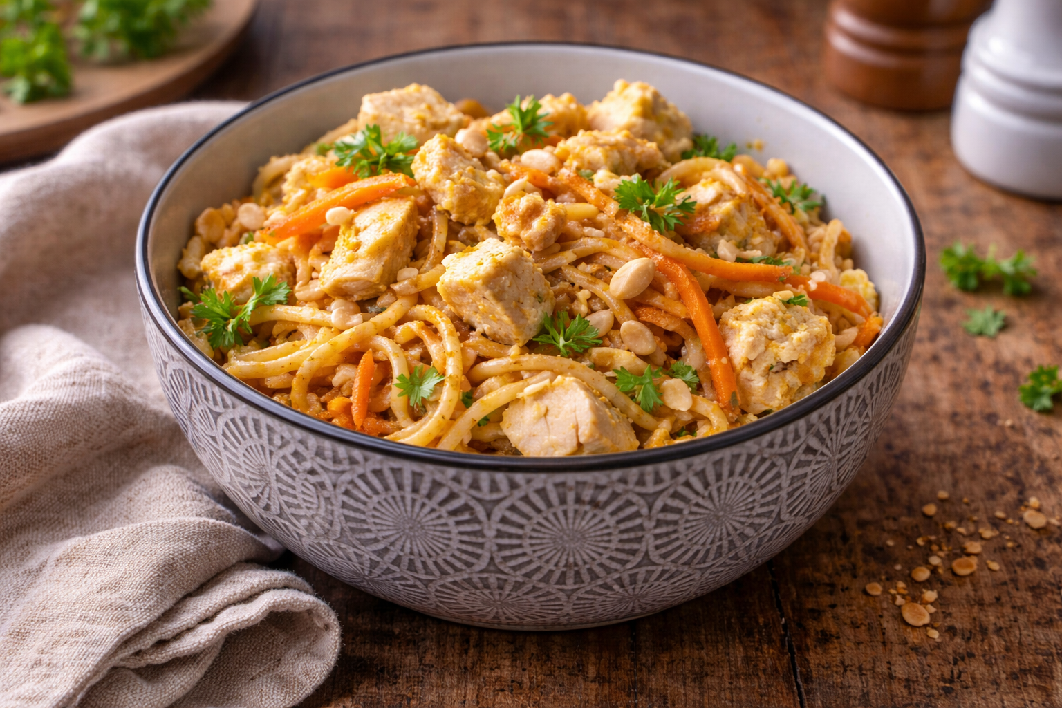 Pad thaï express au Cookeo, poulet, cacahuètes et citron vert