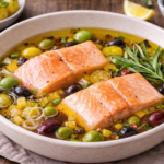 Pavés de truite confits à l’huile d’olive, olives et estragon au cookéo