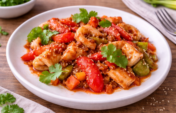 Poêlée de calamars aux poivrons, sauce soja sweet chili (Cookeo)
